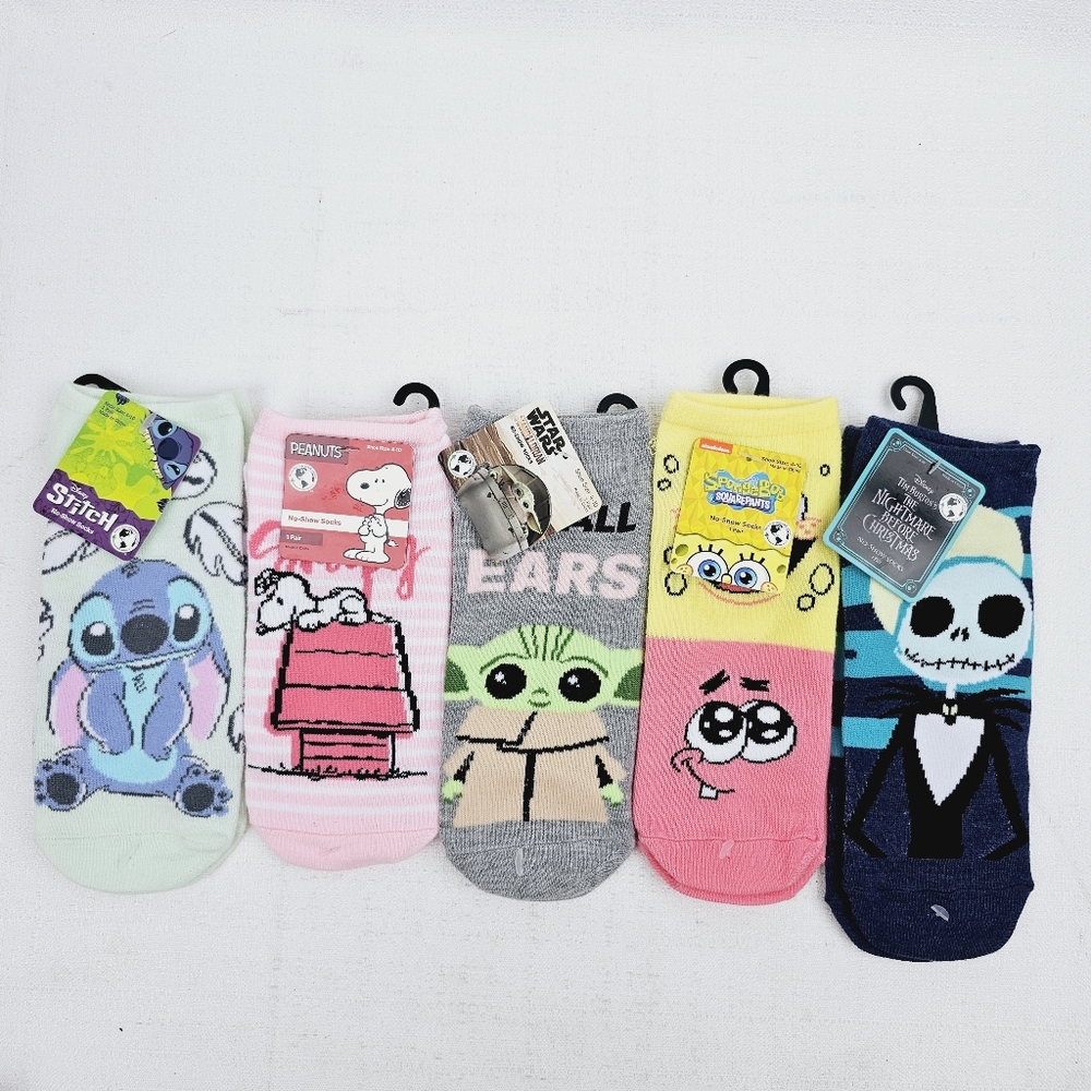 5 pairs of Socks Size 4-10 Unisex Disney SpongeBob Star Wars Snoopy Jack